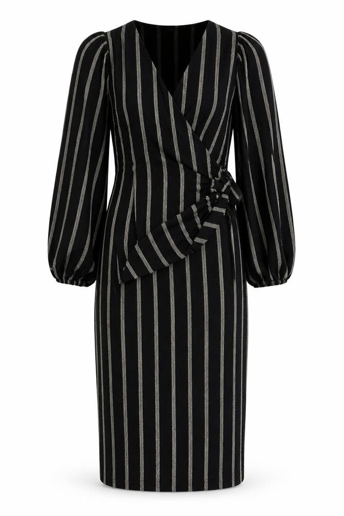 H&M Womens Black Striped Polyester Wrap Dress Size S V-Neck Tie