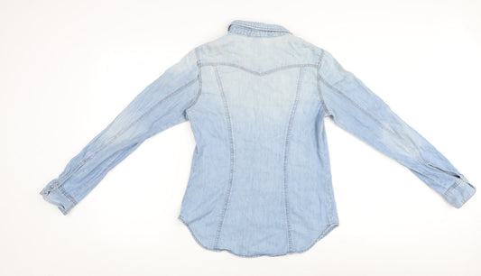 H&M Womens Blue 100% Cotton Basic Button-Up Size 8 V-Neck