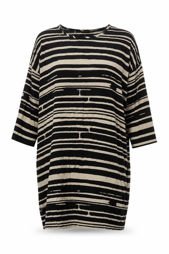 Front view of Masai women’s black striped viscose shift, size S, round neck pullover