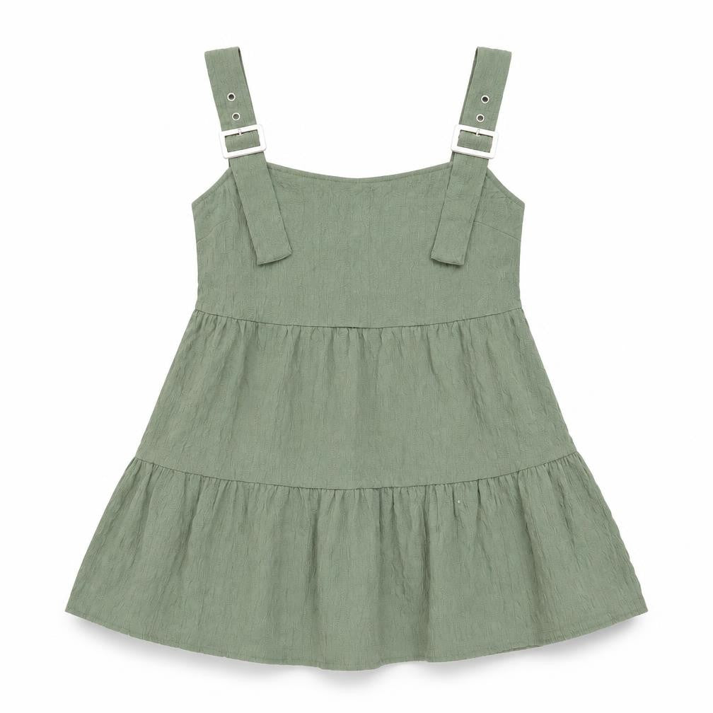 Front view of ASOS women’s green polyester mini, size UK 8, square neck buckle