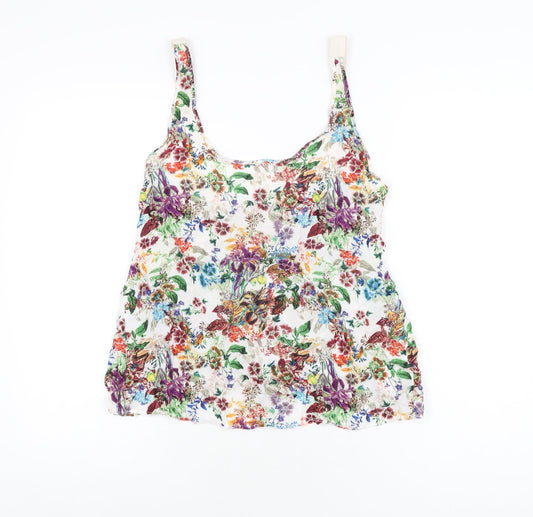 Pull&Bear Womens White Floral Viscose Basic T-Shirt Size S Scoop Neck