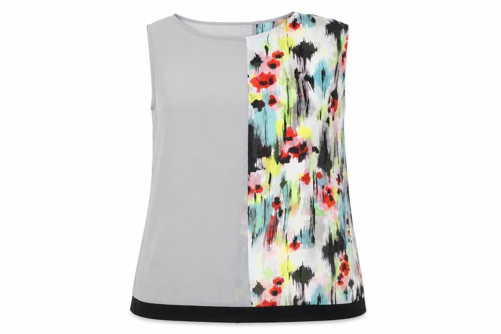 Front view of ASOS women’s grey geometric polyester blend basic blouse, size UK 12, round neck