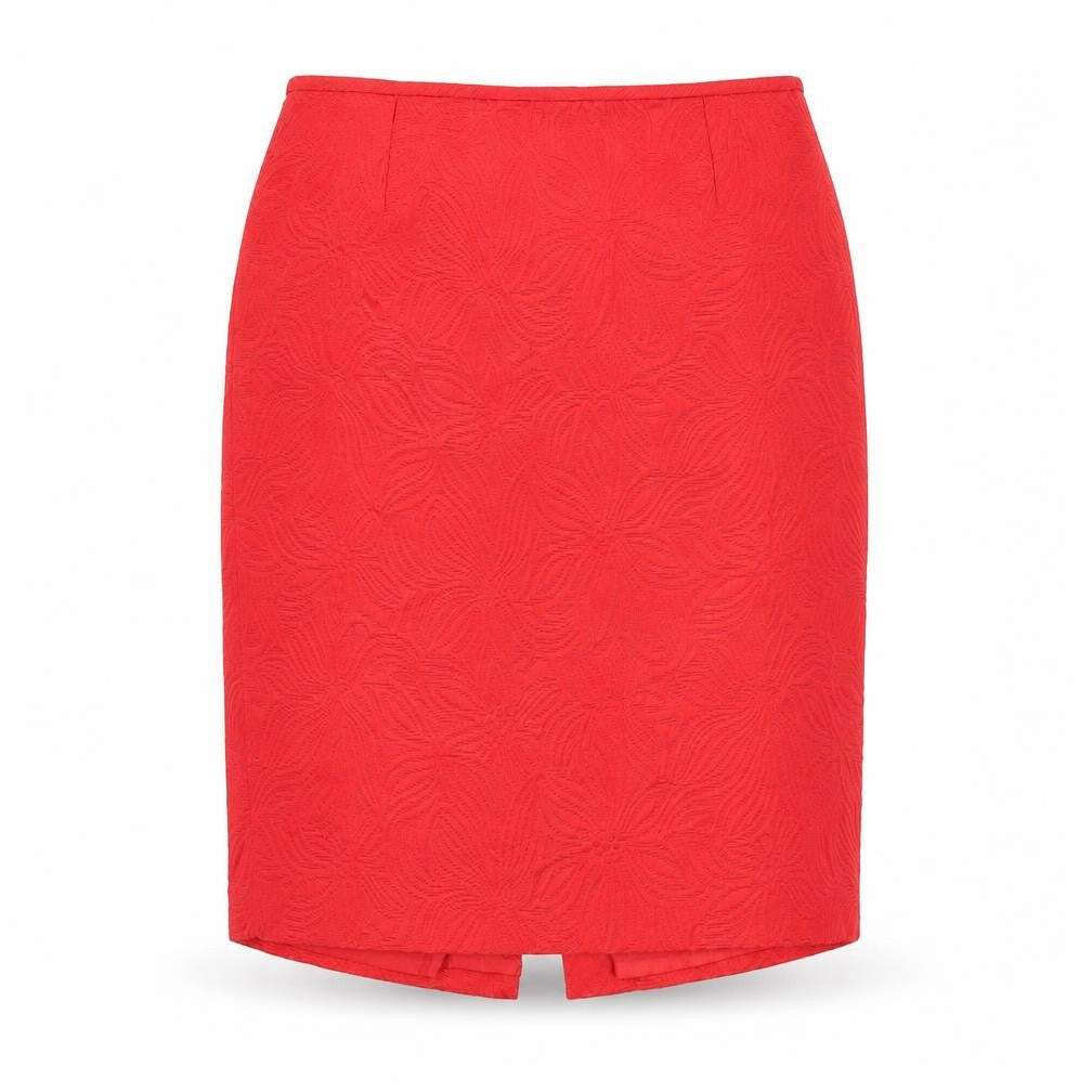Front view of Isabella women’s red geometric cotton straight & pencil skirt, size UK 14, zip