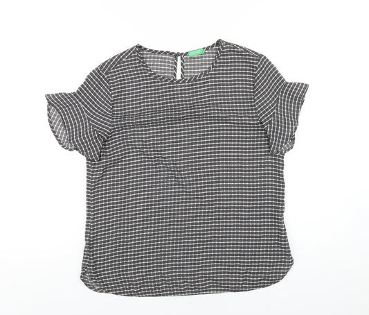 United Colors of Benetton Womens Grey Check Polyester Basic T-Shirt Size S Round Neck