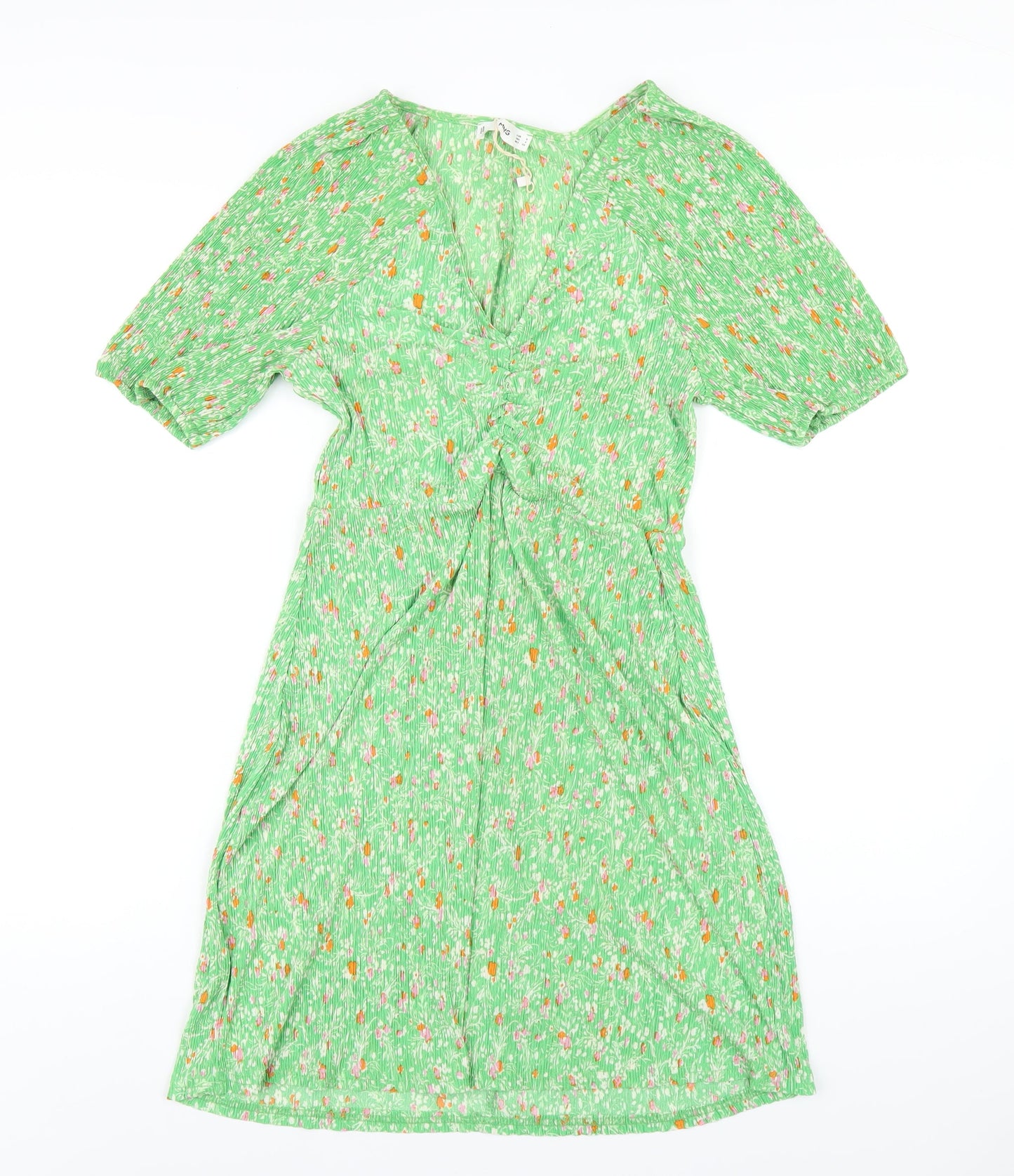 Mago Womens Green Floral Polyester A-Line Size S V-Neck Pullover