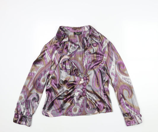 J'adore Womens Purple Geometric Polyester Basic Blouse Size 14 V-Neck - Frill