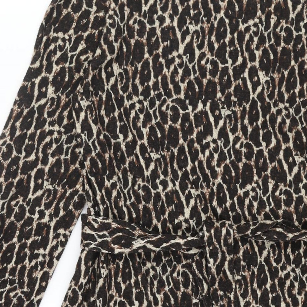NEXT Womens Brown Animal Print Viscose A-Line Size 10 Round Neck Pullover - Leopard Print Frill Belted