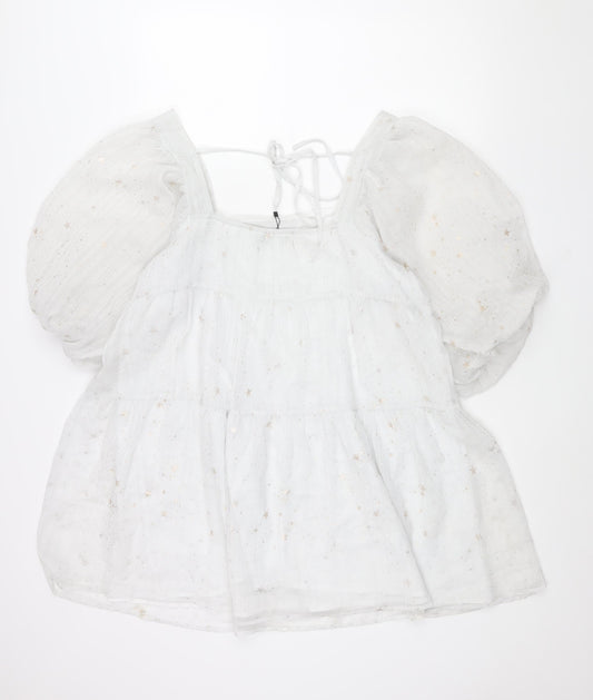 Nasty Gal Womens White Geometric Polyester A-Line Size 12 Square Neck Tie - Puff Sleeve Star Print Smocked