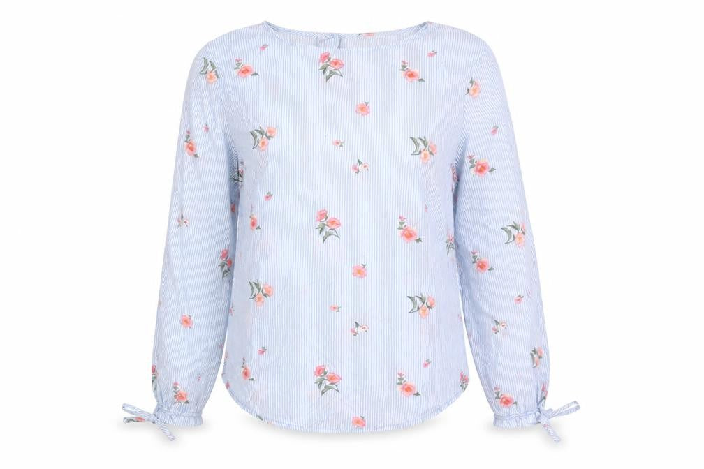 Divided by H&M Womens Blue Striped Viscose Basic Button-Up Size 8 Round Neck - Flowers