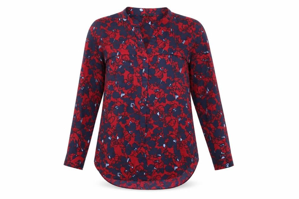 Marks and Spencer Womens Red Floral Polyester Basic Button-Up Size 10 V-Neck