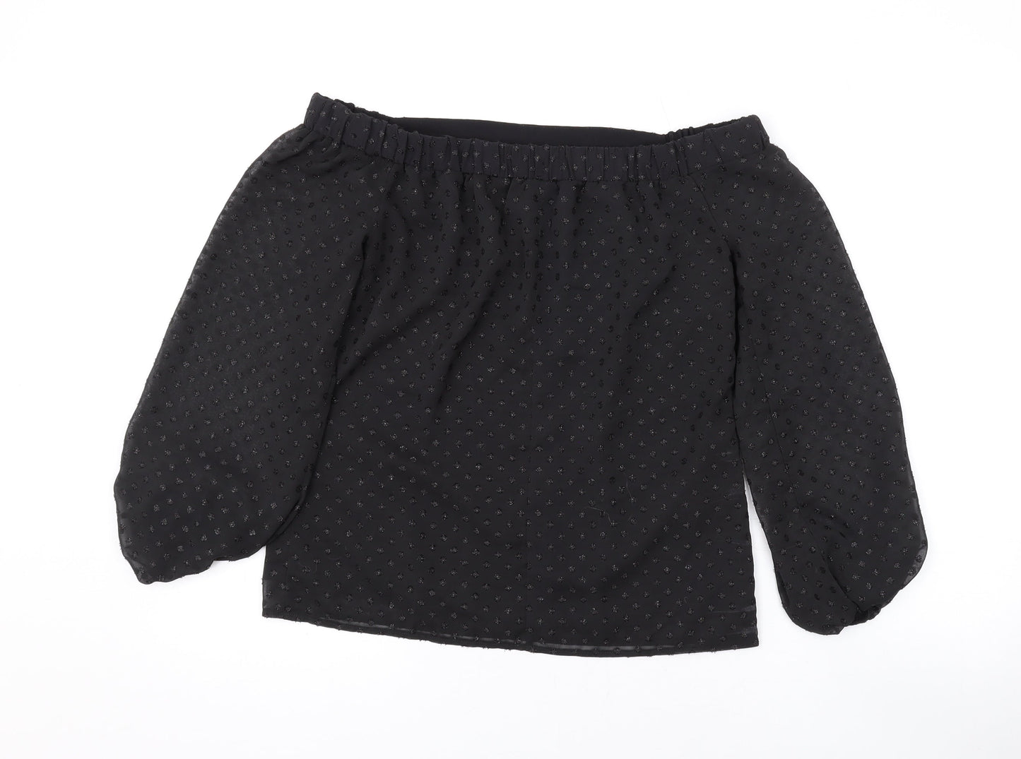 Oasis Womens Black Polka Dot Polyester Basic Blouse Size 8 Off the Shoulder - Sparkle