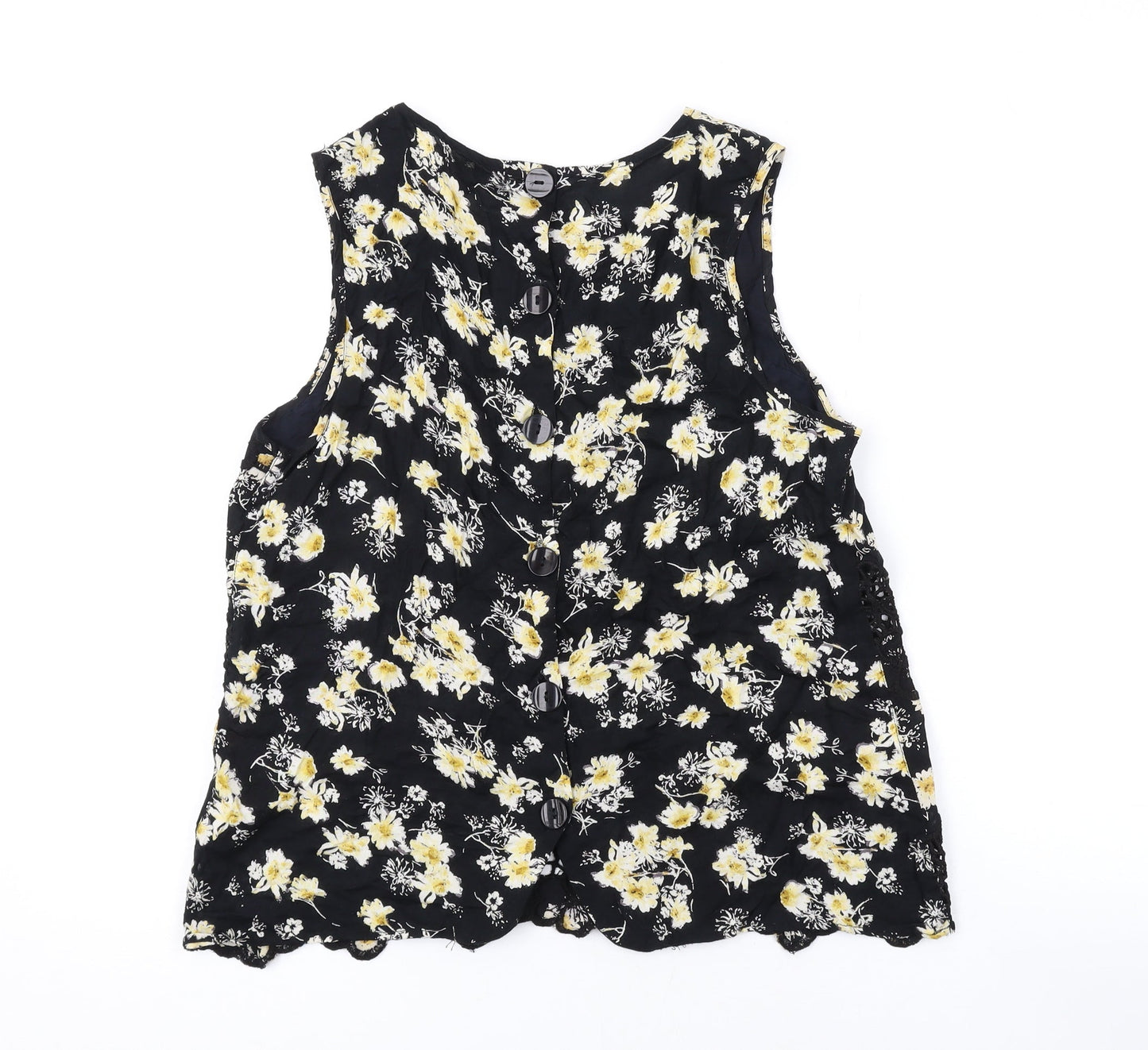 River Island Womens Black Floral Cotton Basic Tank Size 10 Round Neck