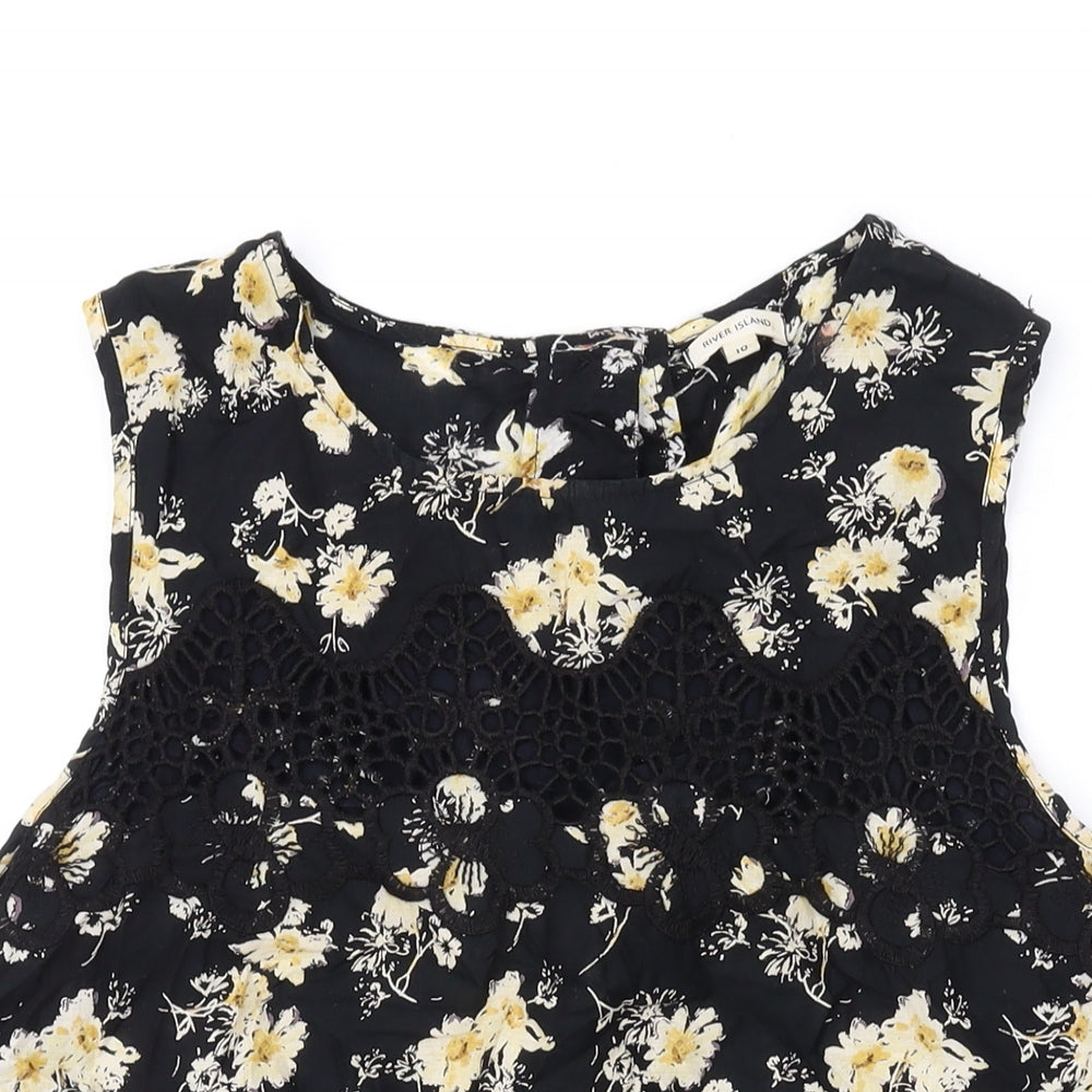 River Island Womens Black Floral Cotton Basic Tank Size 10 Round Neck