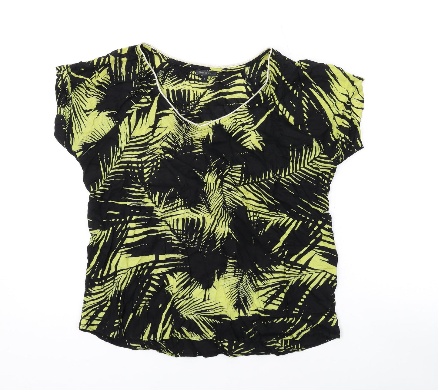 River Island Womens Black Geometric Polyester Basic T-Shirt Size 8 V-Neck - Leaf Print