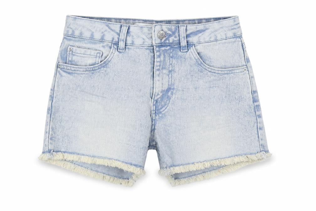 Front view of Denim & Co. women’s blue cotton basic shorts, size UK 8, 3-inch leg regular zip