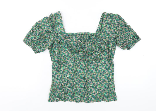 Oliver Bonas Womens Green Floral Cotton Basic T-Shirt Size 6 Square Neck