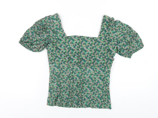 Oliver Bonas Womens Green Floral Cotton Basic T-Shirt Size 6 Square Neck