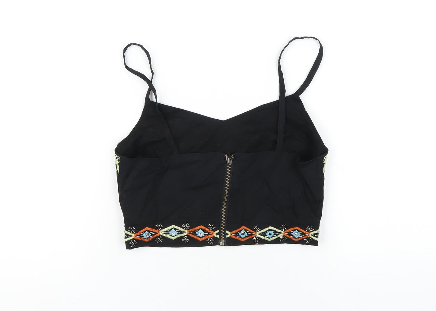 New Look Womens Black Geometric Cotton Cropped T-Shirt Size 6 V-Neck - Beaded