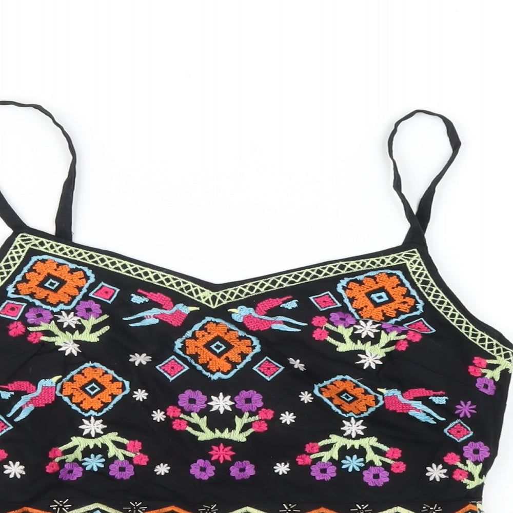 New Look Womens Black Geometric Cotton Cropped T-Shirt Size 6 V-Neck - Beaded