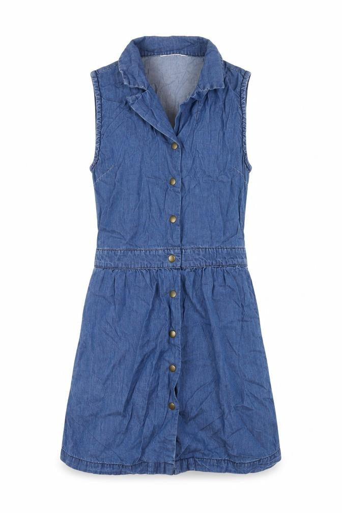 Front view of Kaleidoscope women’s blue cotton a-line, size UK 6, collared snap