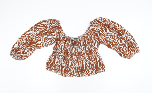 Lefties Womens Brown Animal Print Viscose Cropped T-Shirt Size XL Scoop Neck