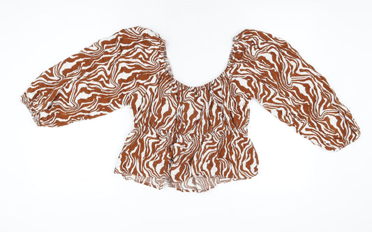 Lefties Womens Brown Animal Print Viscose Cropped T-Shirt Size XL Scoop Neck