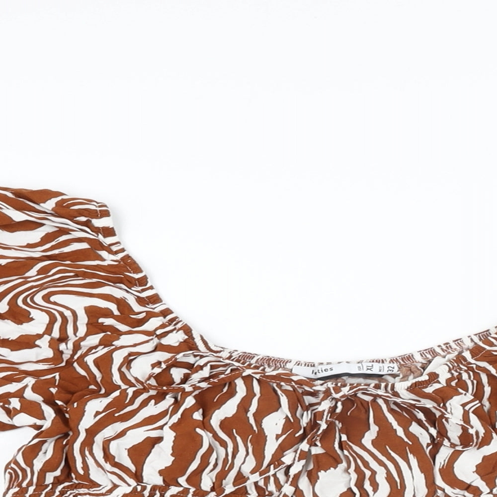 Lefties Womens Brown Animal Print Viscose Cropped T-Shirt Size XL Scoop Neck