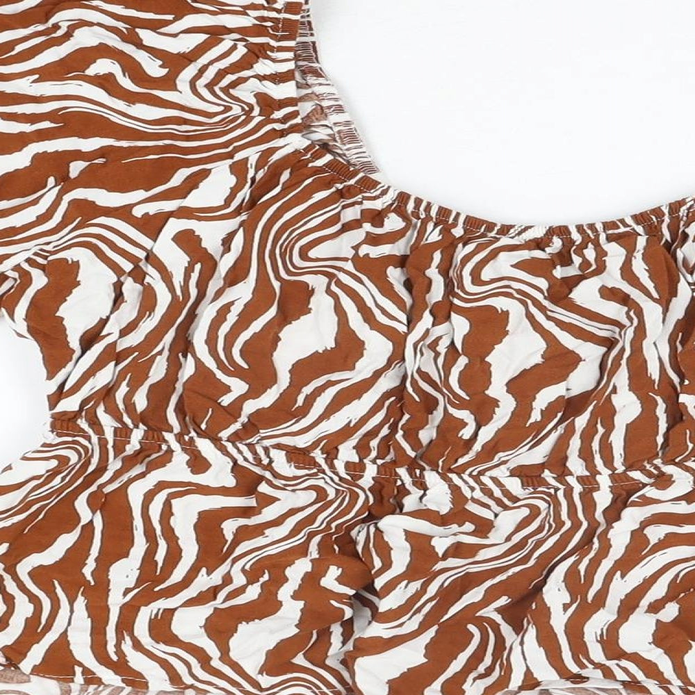 Lefties Womens Brown Animal Print Viscose Cropped T-Shirt Size XL Scoop Neck