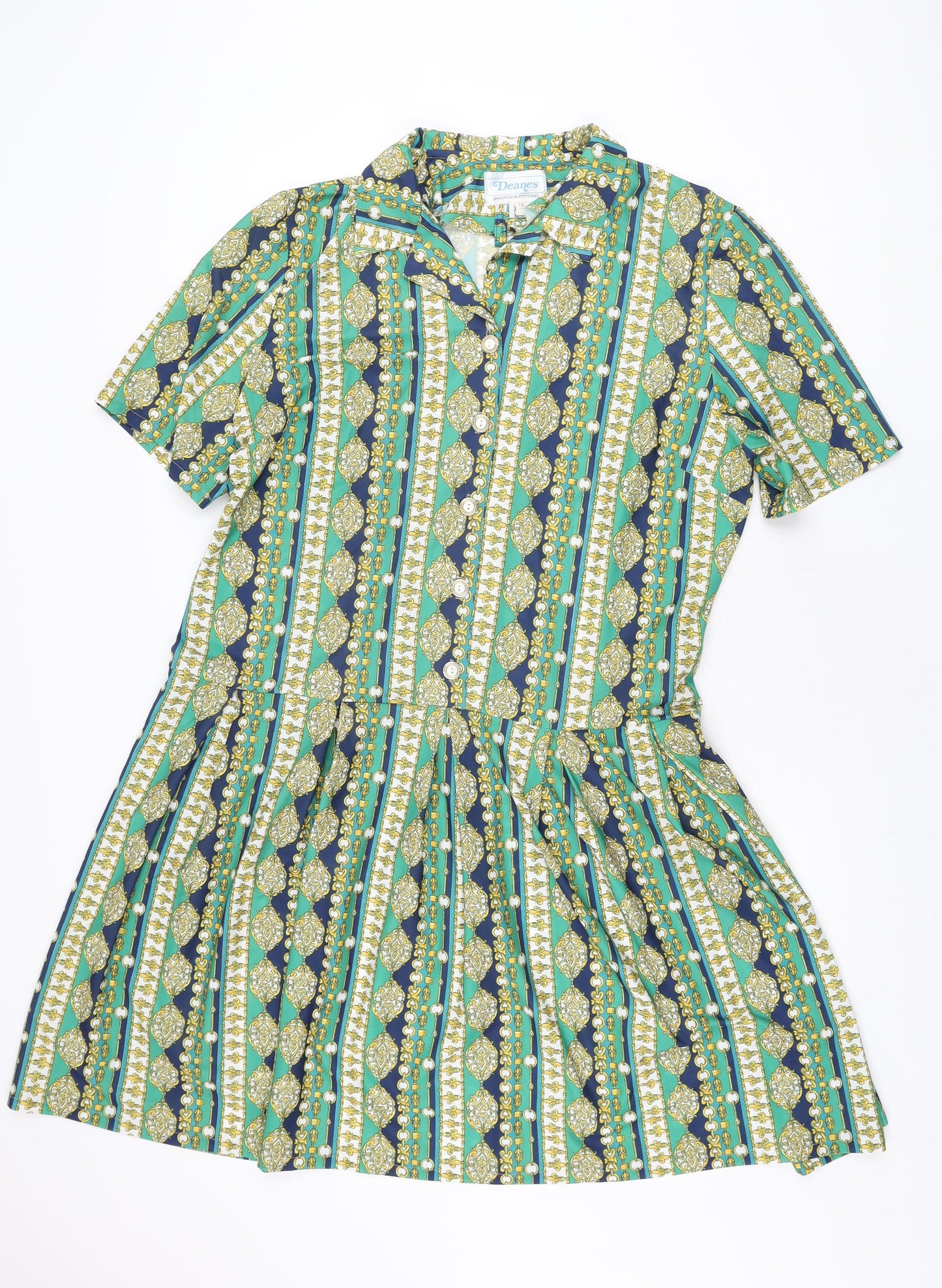 Deanes Womens Green Geometric Polyester Shirt Dress Size 18 Collared Button