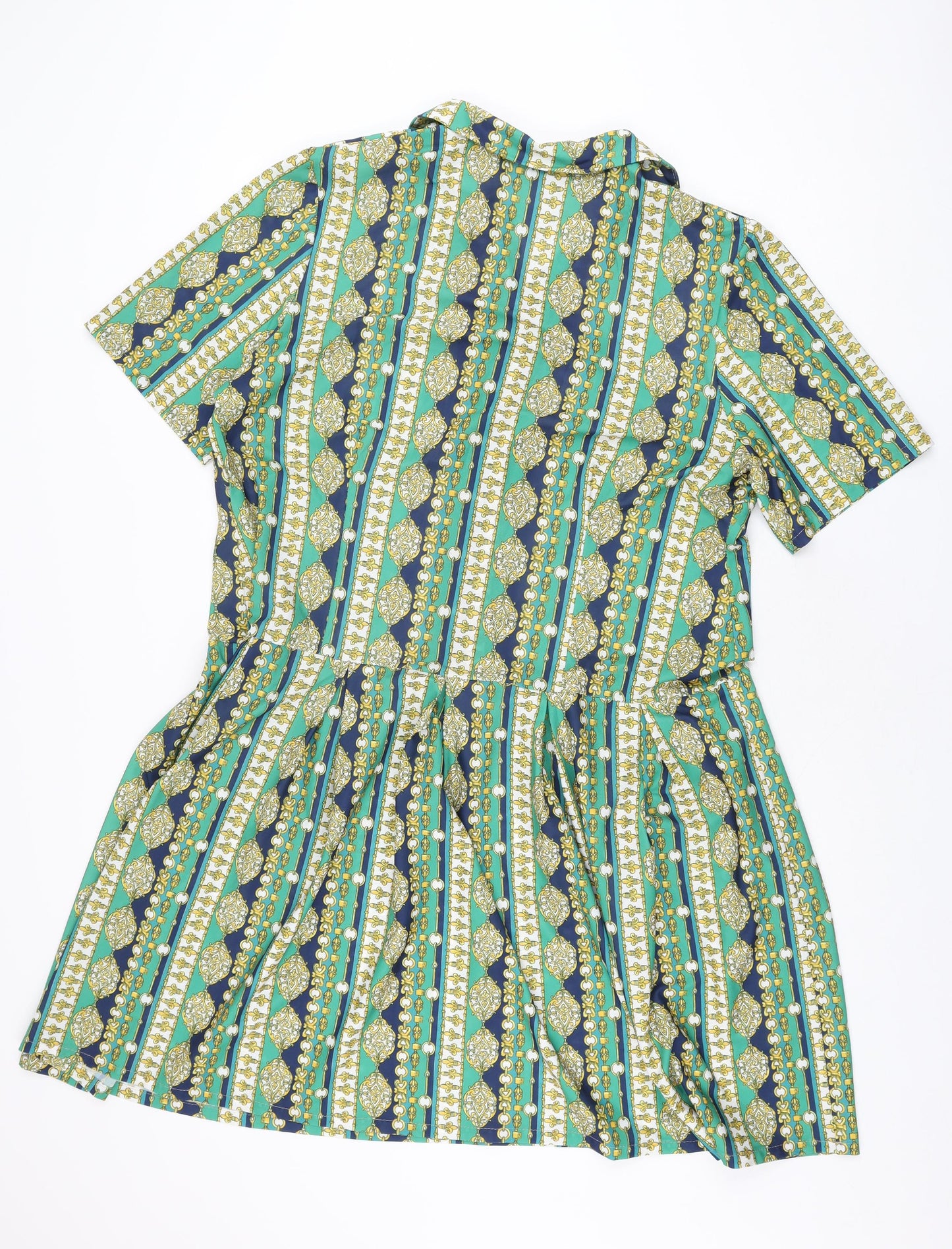 Deanes Womens Green Geometric Polyester Shirt Dress Size 18 Collared Button