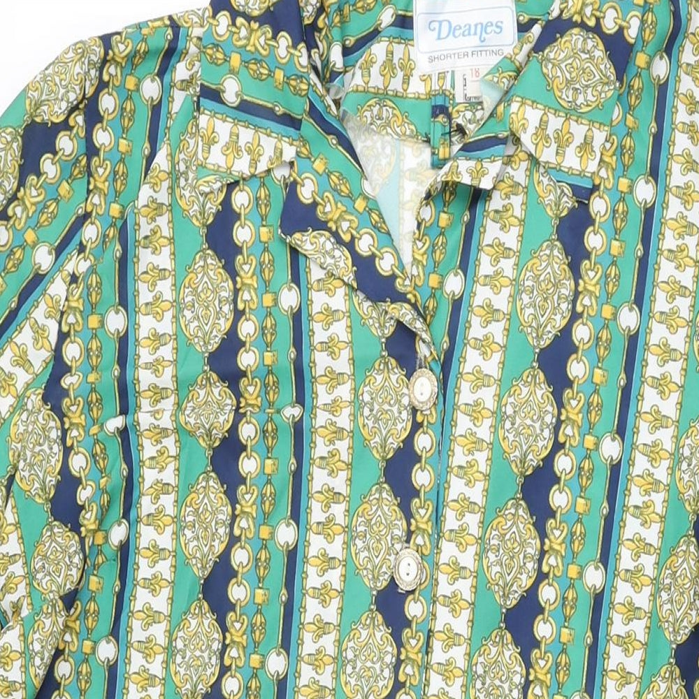 Deanes Womens Green Geometric Polyester Shirt Dress Size 18 Collared Button