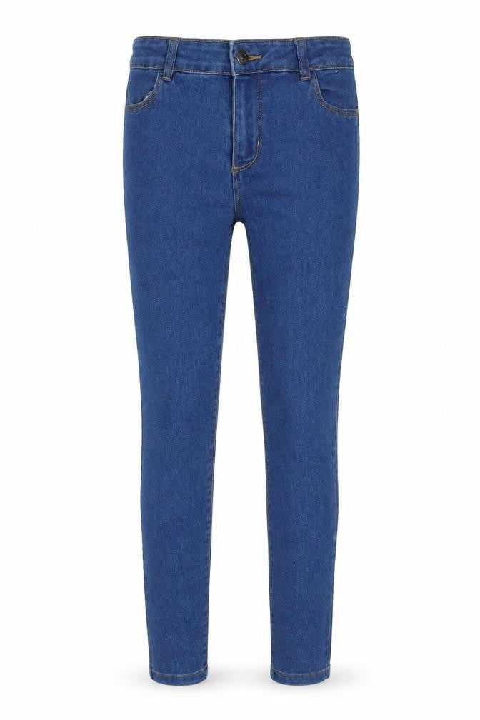 Front view of Denim & Co. girls’ blue cotton skinny jeans, size 10-11, years, 25-inch leg regular zip