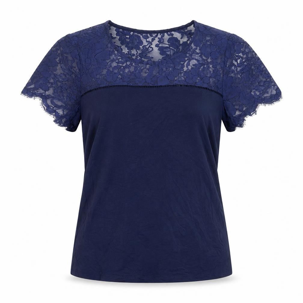 Pieces Womens Blue Viscose Basic T-Shirt Size M Crew Neck - Lace