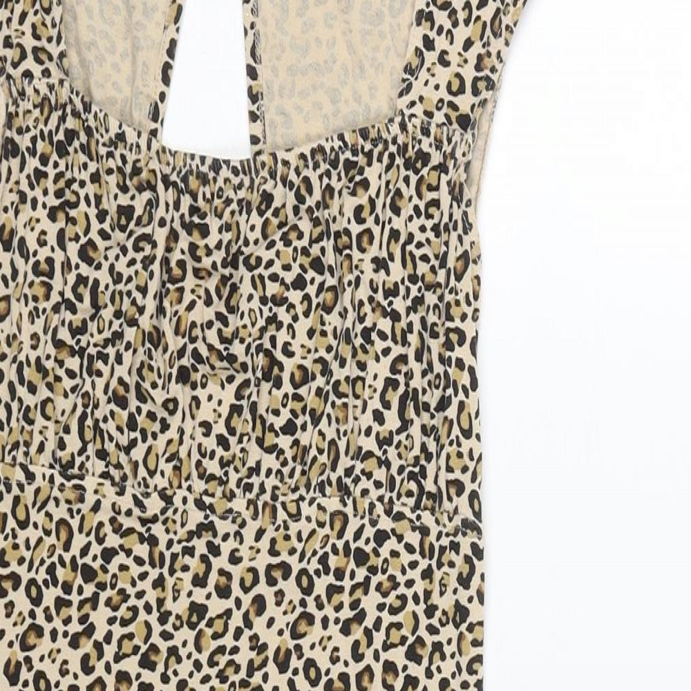 Topshop Womens Brown Animal Print Viscose Mini Size 8 Square Neck Pullover