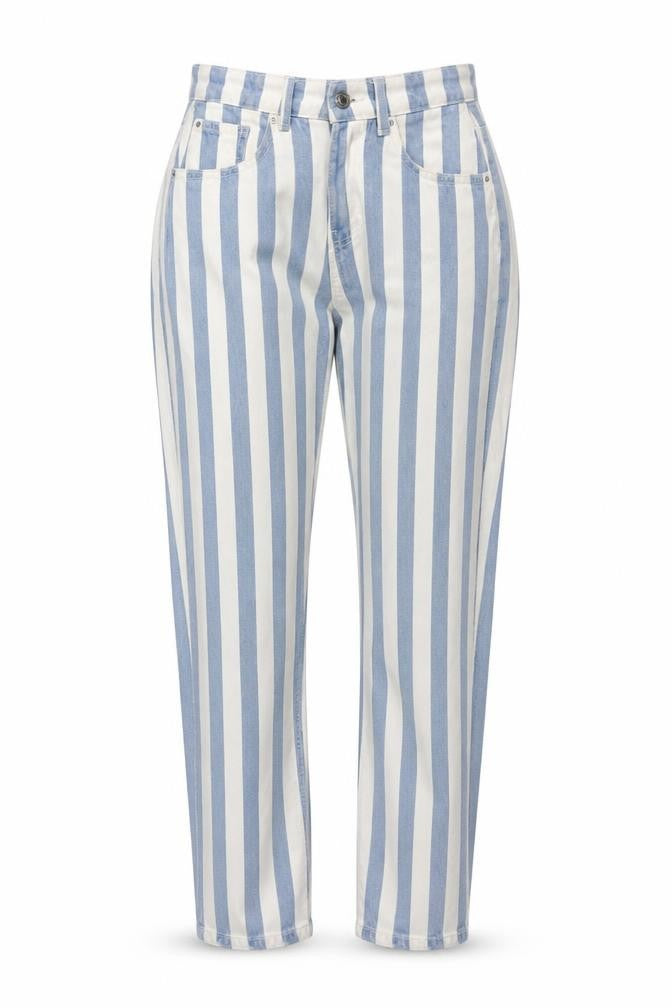 Front view of Denim & Co. women’s blue striped cotton straight jeans, size UK 8, 29-inch leg regular zip