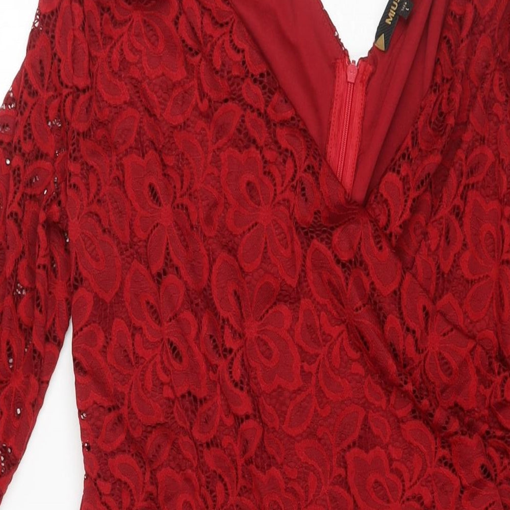 Musol Womens Red Polyester A-Line Size L V-Neck Zip