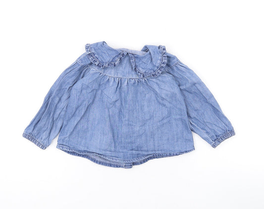 Denim & Co. Girls Blue Cotton Basic Button-Up Size 9-12 Months Collared Button