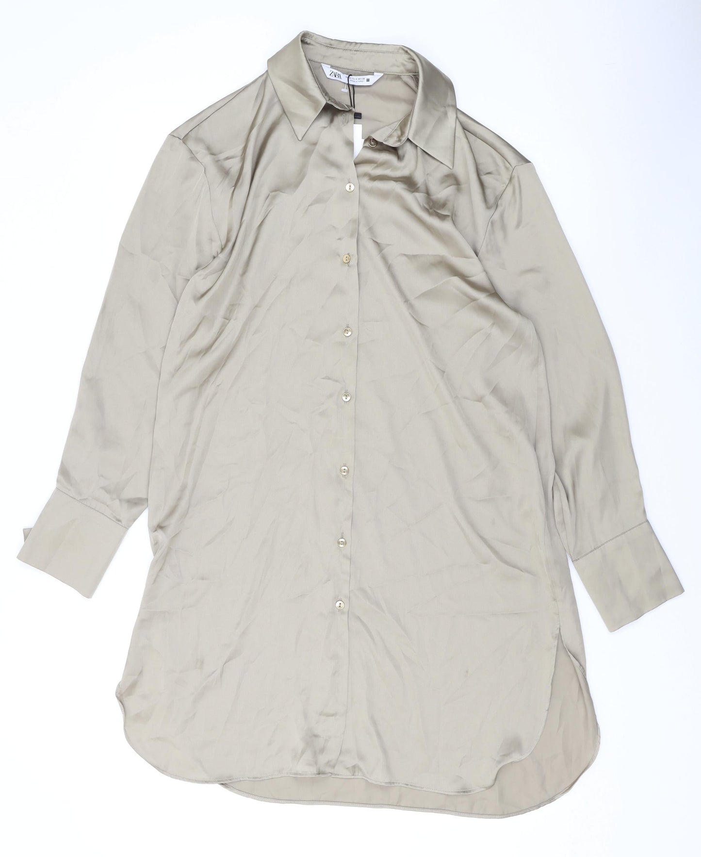 Zara Womens Green Polyester Basic Button-Up Size S Collared