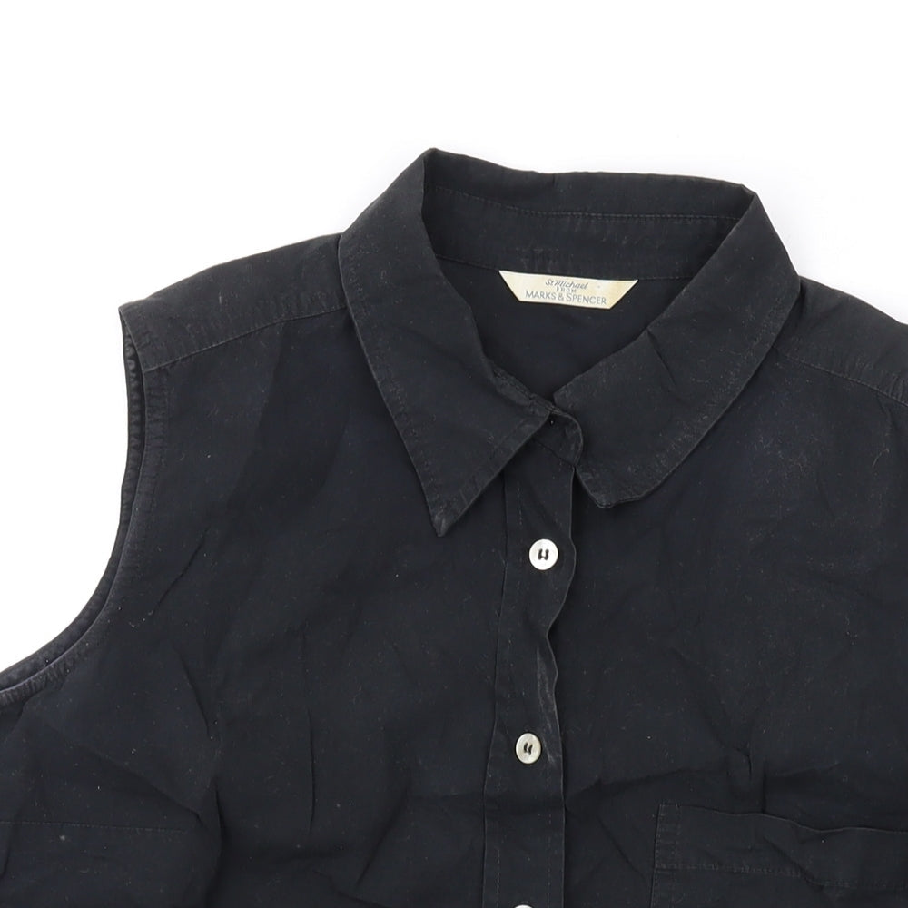 Marks and Spencer Womens Black Cotton Basic Button-Up Size 12 Collared