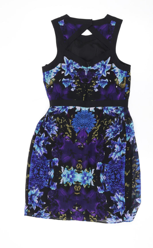 Limited Edition Womens Blue Floral Polyester A-Line Size 8 Round Neck Zip
