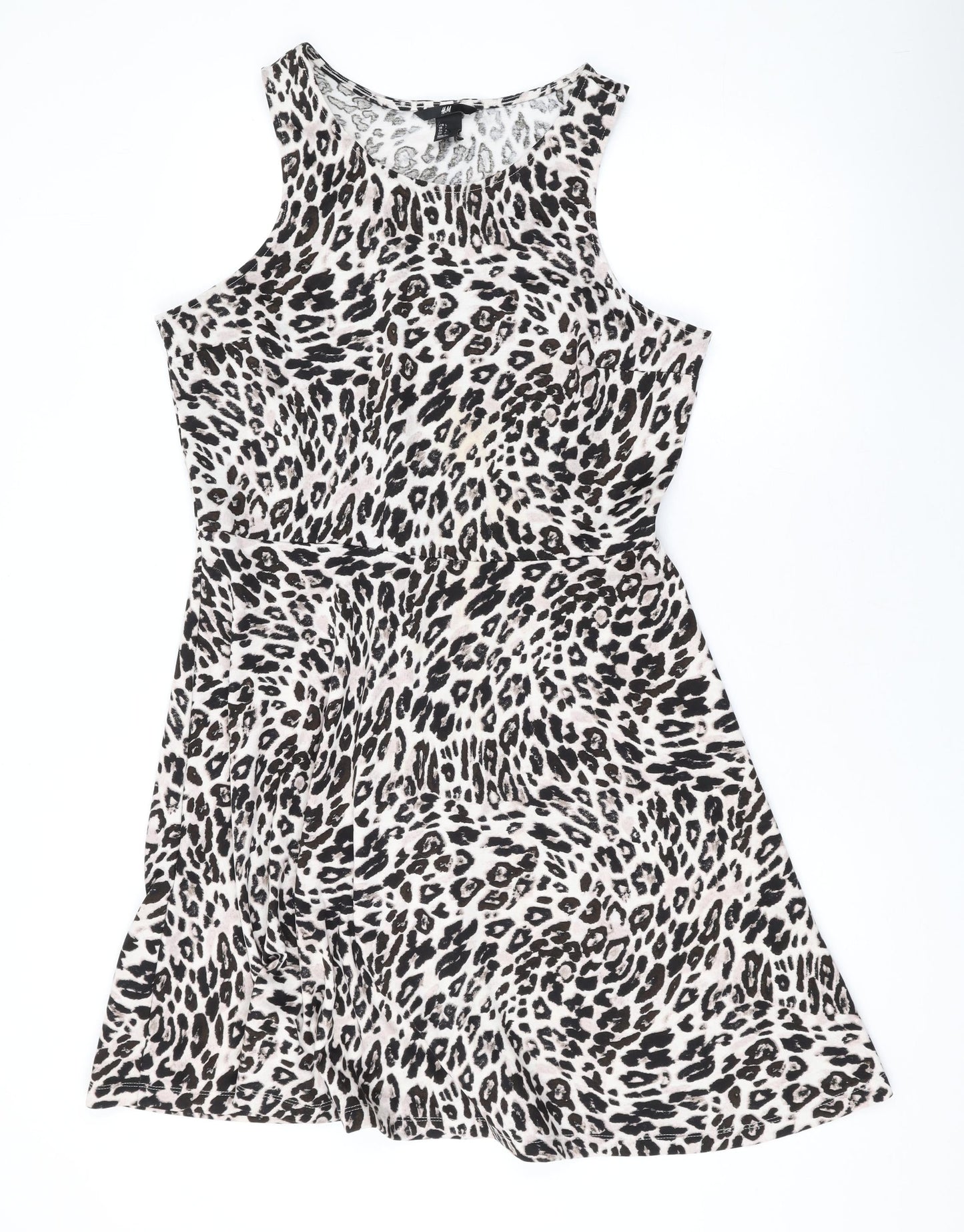 H&M Womens Beige Animal Print Polyester Skater Dress Size L Scoop Neck Pullover