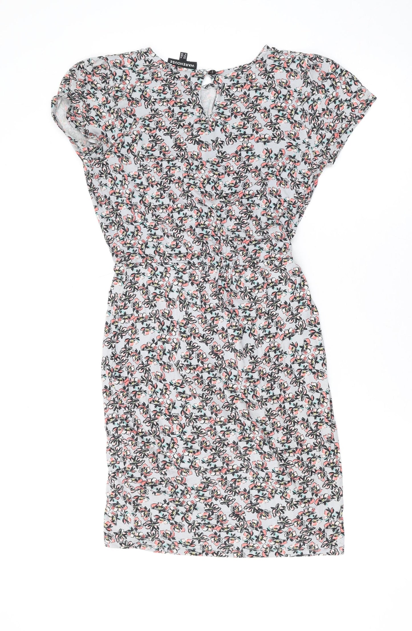 Warehouse Womens Grey Floral Viscose A-Line Size 8 Round Neck Button