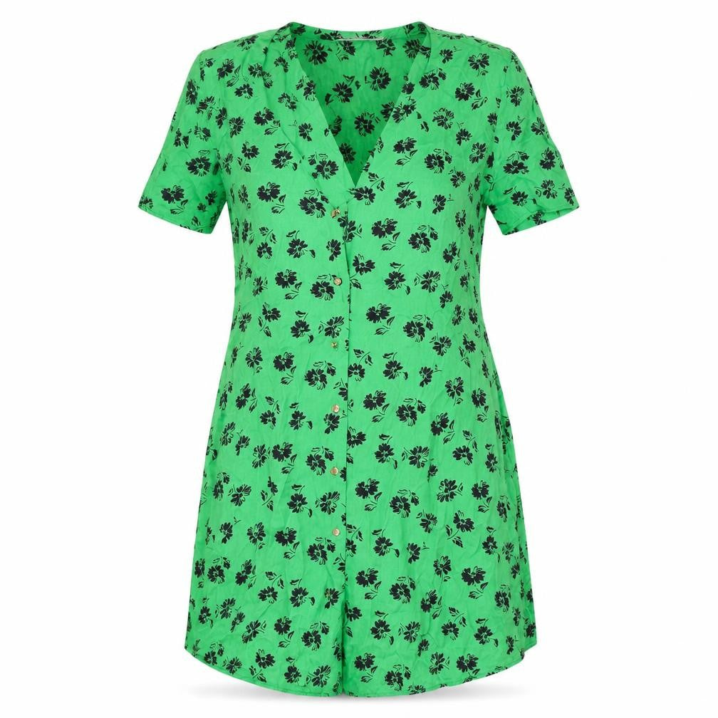 Zara Womens Green Floral Viscose A-Line Size S V-Neck Button