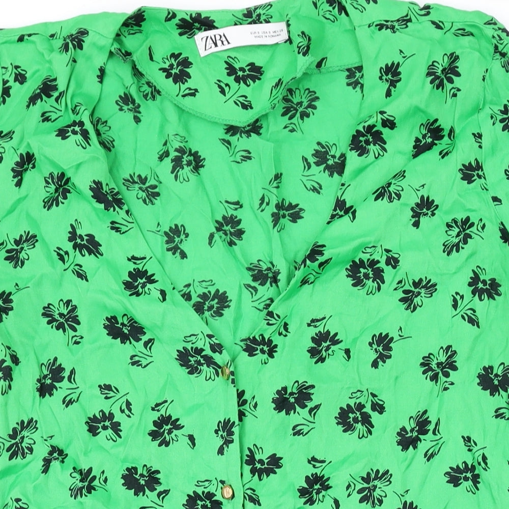 Zara Womens Green Floral Viscose A-Line Size S V-Neck Button
