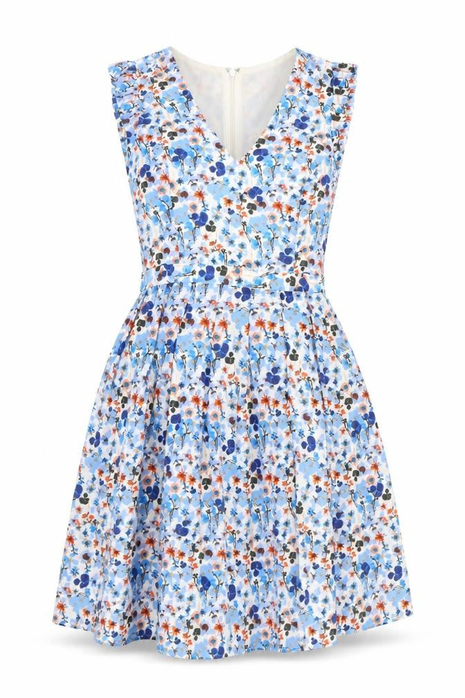 Marks and Spencer Womens Blue Floral Polyester Skater Dress Size 8 V-Neck Zip
