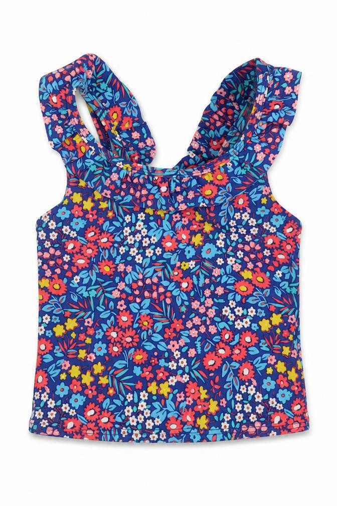 Front view of John Lewis girls’ multicoloured floral nylon basic blouse, size 6, years scoop neck - swin top