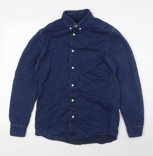 H&M Mens Blue Cotton Button-Up Size S Collared Button