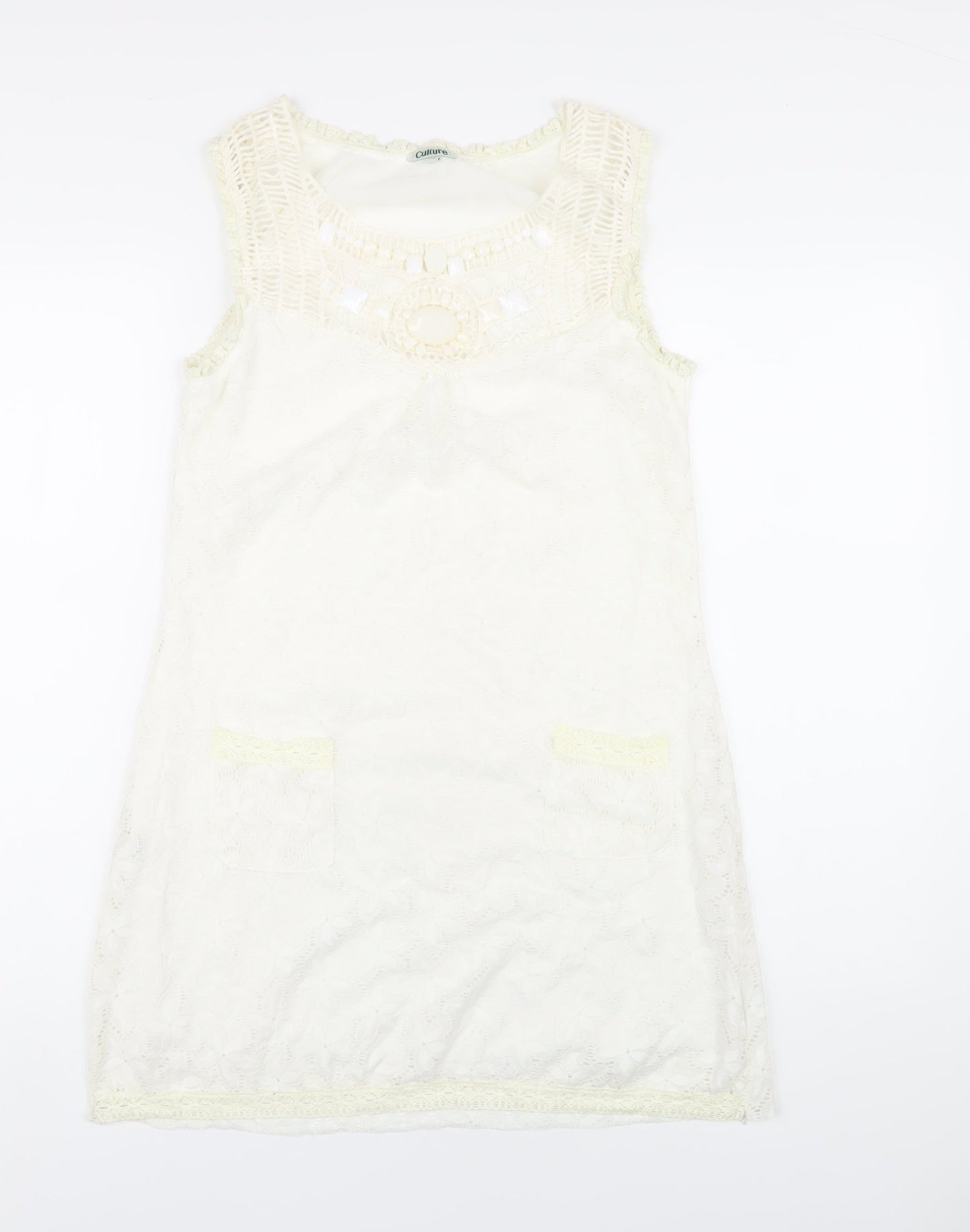 CULTURE Womens Ivory Polyester A-Line Size 12 Round Neck Pullover - Beaded Neckline