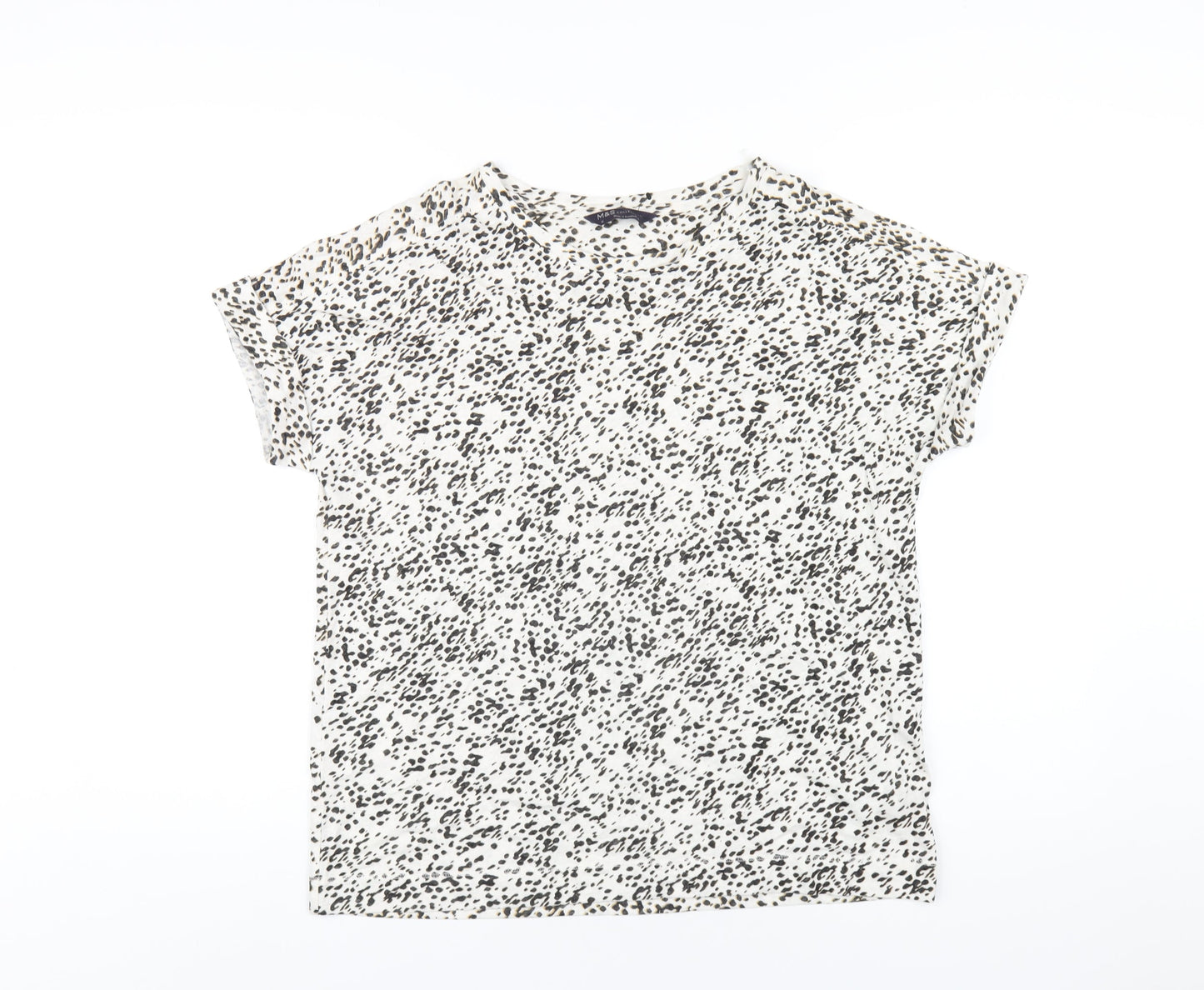 Marks and Spencer Womens White Geometric Linen Basic T-Shirt Size 12 Round Neck