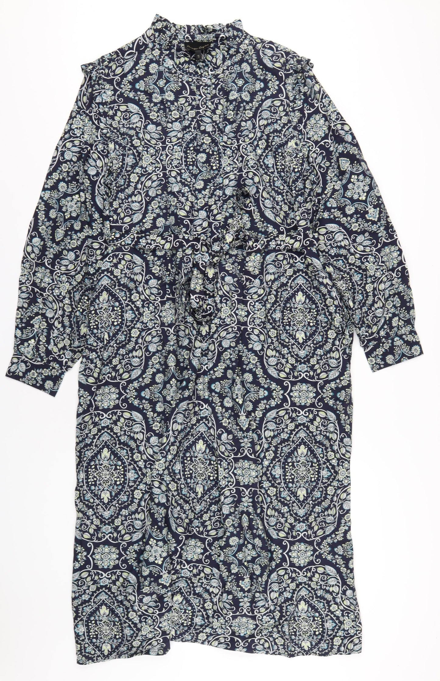 Phase Eight Womens Blue Geometric Viscose A-Line Size 16 Mock Neck Button